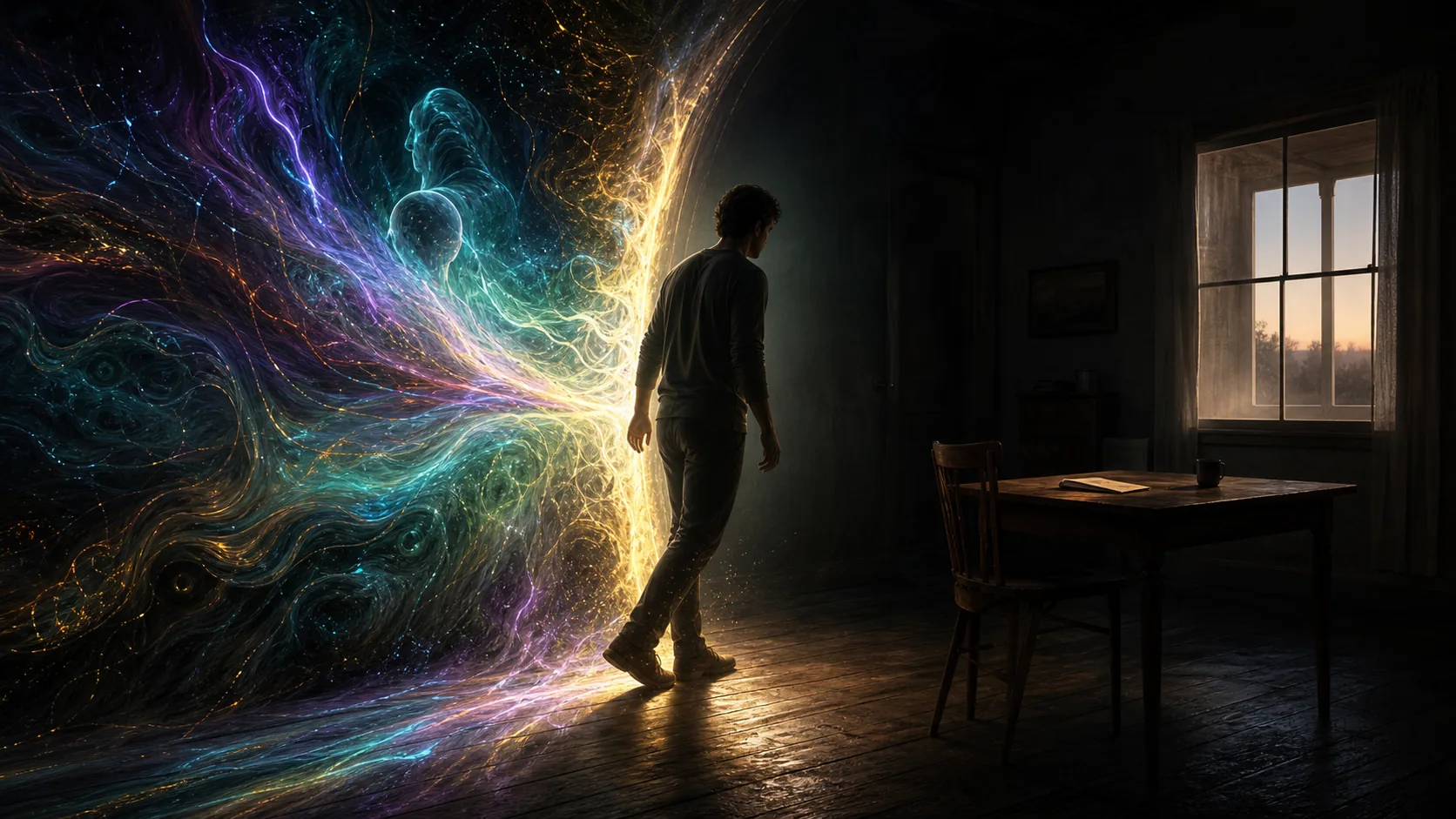 A person returning from a luminous threshold to ordinary life